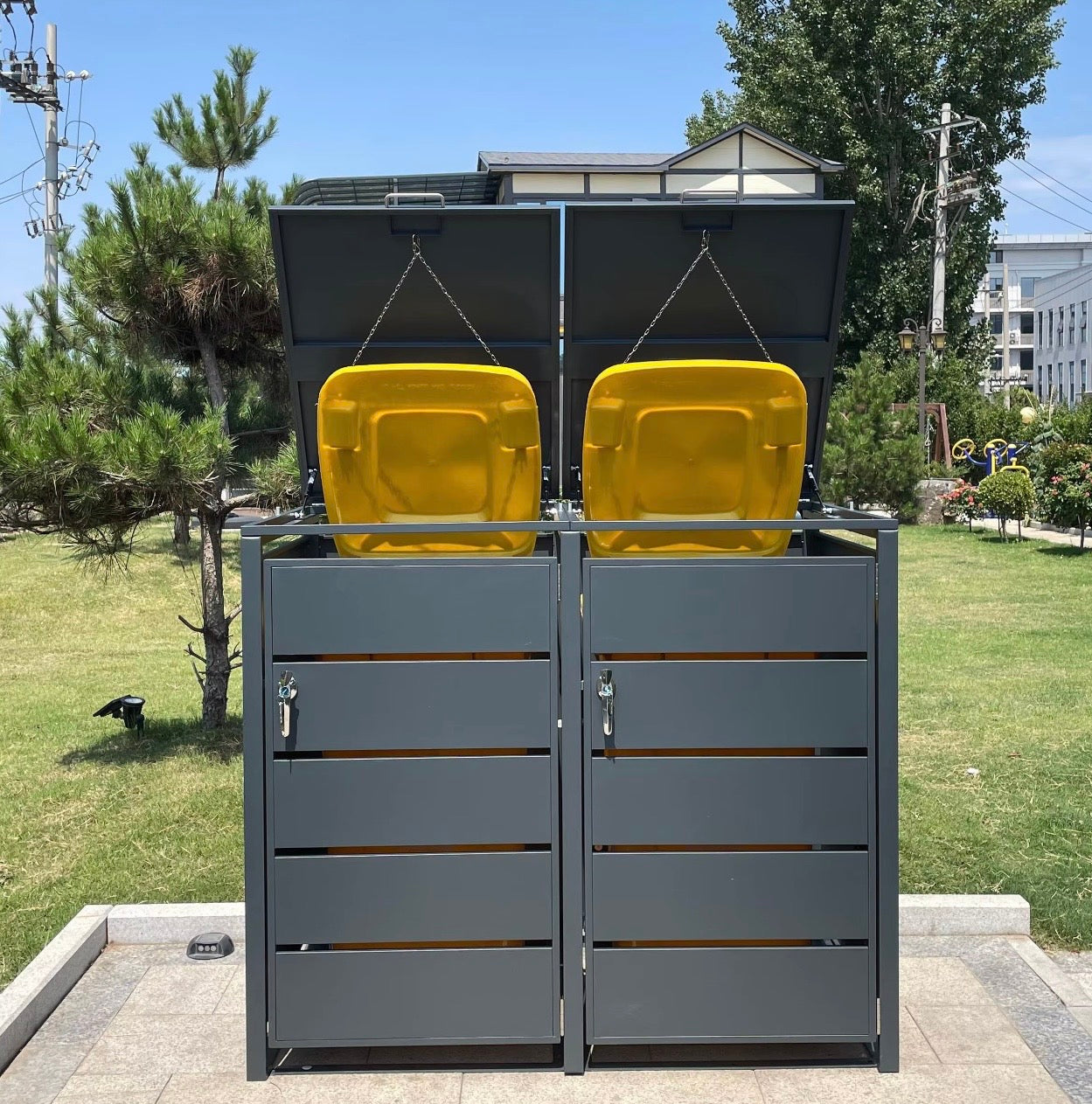 Cache-poubelles 2 bacs avec chaîne intégrée